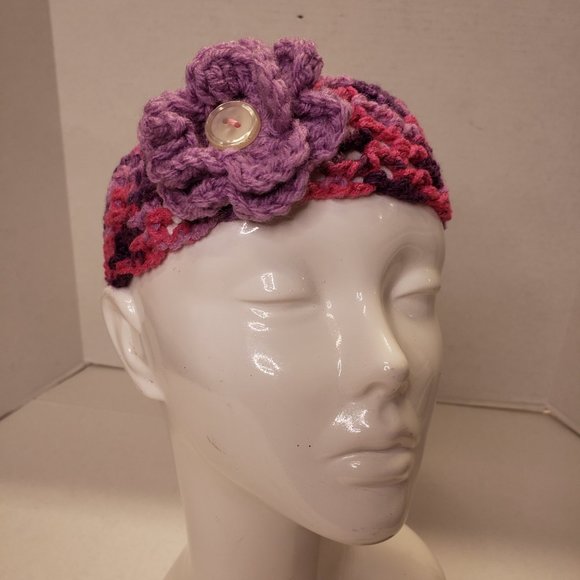 Woman's Handmade Crochet 2 Scrunchies and Flower Headband Purple Multicolor - Picture 2 of 11